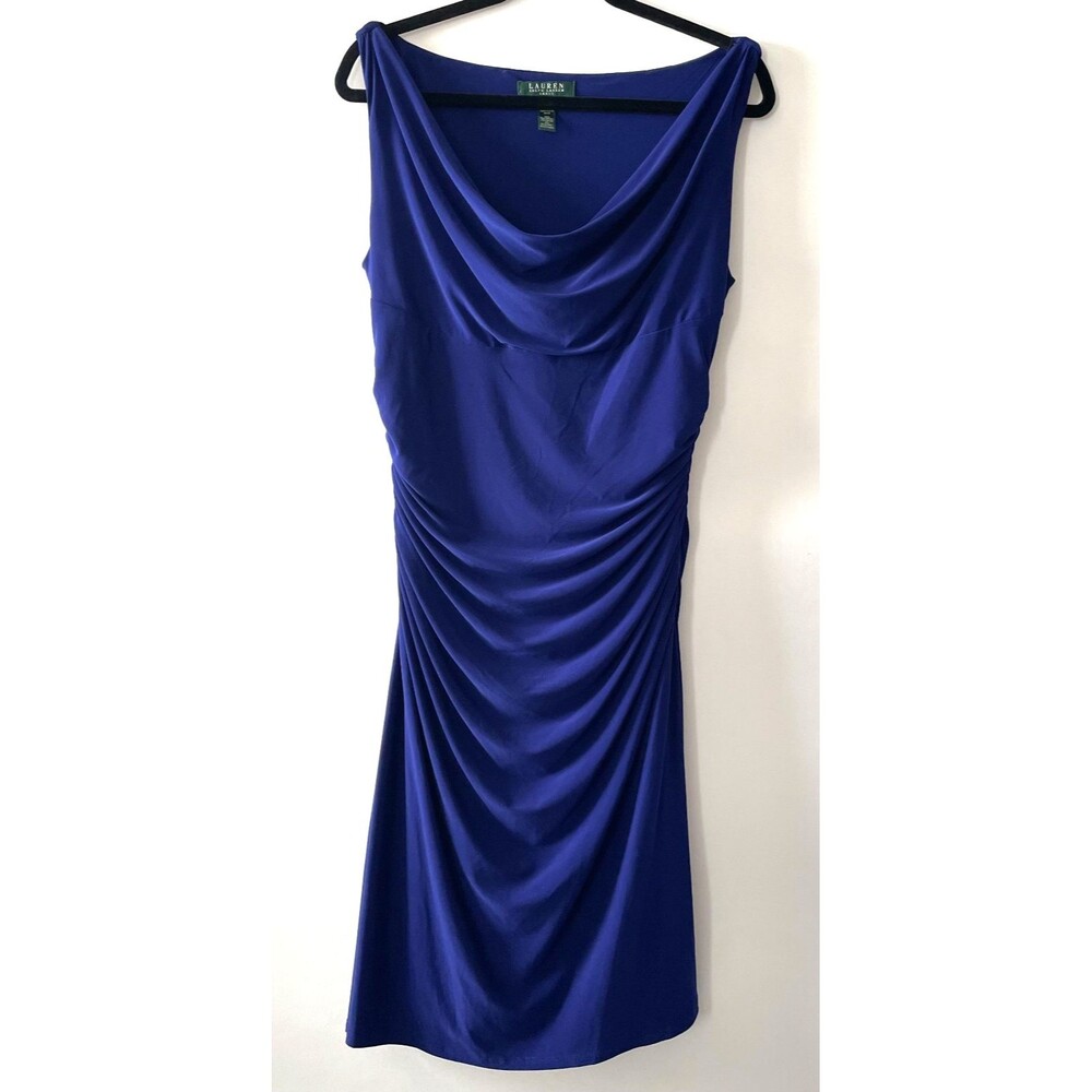 Lauren Ralph Lauren Dress Womens 12 Blue Cowl Neck Ruched Sleeveless